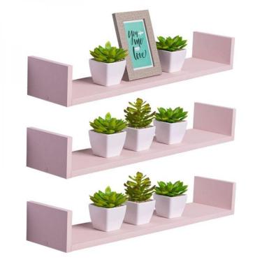 Imagem de Kit 3 Prateleiras U 100 X 20cm Rosa Claro Suporte Invisível
