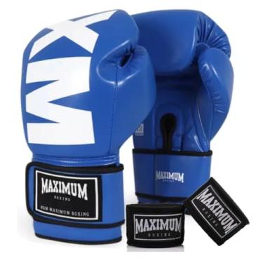 Imagem de Luva de Boxe Muay Thai Kickboxing MXM + Bandagem 3m - Maximum (Azul, 14oz)