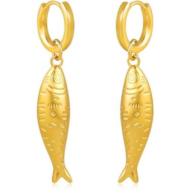 Imagem de Estedro Brincos de peixe para mulheres, brincos de argola de ouro da moda, banhados a ouro 14 quilates, fofo, metal, verão, praia, joias, acessórios, divertido, minúsculo, brinco de gota de peixe