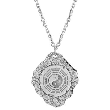 Imagem de Chiorgone Colar com pingente de cobre puro Tai Chi Bagua banhado a prata antiga – quatro feras míticas esculpidas com textura rústica, joia de corrente boho para homens/mulheres (presente espiritual