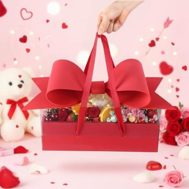 Imagem de AceOrbit 1 conjunto de caixa de presente vermelha grande de dia dos namorados com laço de papel cestas de presente vazias com tampa e alça caixa de flores quadrada para mulheres, casamento