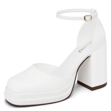 Imagem de CELLENZ Sapatos de salto alto grossos femininos: escarpim plataforma com tira no tornozelo confortável, sapatos de casamento, festa, noiva, formatura, preto, branco, rosa choque, tamanho 6-11, 45 PU
