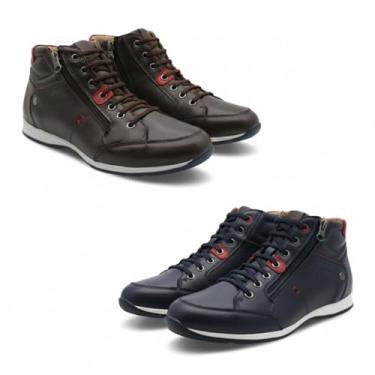 Imagem de Kit 2 Pares Sapatênis Masculino Couro Legítimo Cano Alto Venture com Zíper Lateral (Café e Azul, BR, Adulto, Numérico, 39)