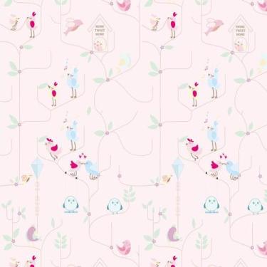 Imagem de Papel Parede Pássaros Cantando Fundo Rosa Adesivo Infantil - LRP