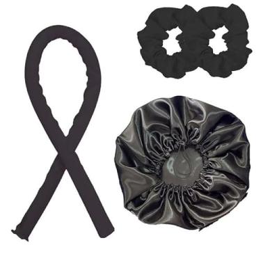 Imagem de Kit 4 Peças Modelador de Cachos Heatless em Cetim + 2 Xuxinhas + Touca Dupla Face – Cachos Definidos Sem Calor e Proteção Anti-Frizz (kit azul)