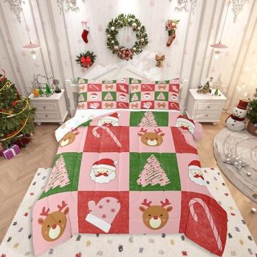 Imagem de Feelyou Conjunto de cama macio para meninos e meninas, árvore de Natal, Papai Noel, conjunto de edredom casal, bengala doce, cervo, colcha de microfibra, patchwork, decoração de quarto, 3 peças com 2