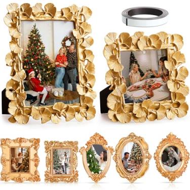 Imagem de Teenyyou Conjunto de 7 molduras vintage de resina, mini molduras douradas antigas retangulares ovais barrocas, ornamentadas para exibição de casamento em casa, 12,7 x 18 cm (estilo elegante)