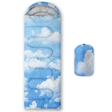 Imagem de Axolotl Saco de dormir infantil Blue Sky, bolsa de acampamento de nuvem branca em clima quente e frio para meninas e meninos, cenário natural, nuvens, mochila à prova d'água para viagens ao ar livre