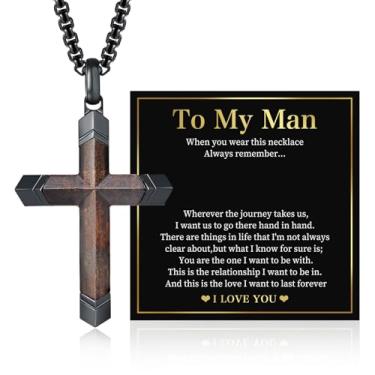 Imagem de MEALGUET Colar de cruz de madeira para homens: pingente de crucifixo de madeira Koa cristão preto de aço inoxidável com inserção de ébano real presente com cartão para batismo, com colar de corrente