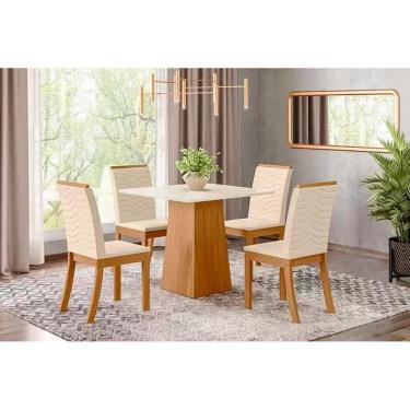Imagem de Conjunto Mesa De Cozinha Dora Tampo Madeirado 90cm E 4 Cadeiras Isa Nature Linho Henn
