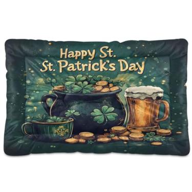 Imagem de Blueangle Cama para cães e gatos com moedas de ouro arco-íris Dia de São Patrício, cama retangular confortável para animais de estimação, cama de cachorro ultra macia e calmante para cães pequenos e