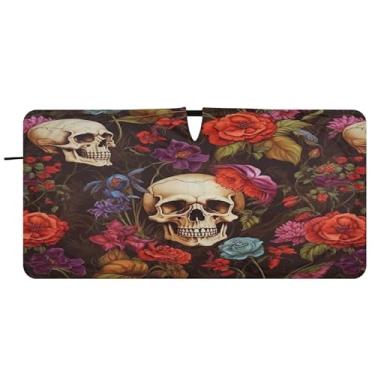 Imagem de Blueangle Para-brisa com padrão de crânio rosa - 149.9 cm x 76.2 cm dobrável carro janela dianteira para-sol blocos raios UV viseira de sol (710)