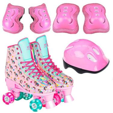 Imagem de Patins Roller Quad Com Kit Proteção Com Luzes Infantil Ajustável 31-34