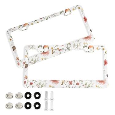 Imagem de SEHANY Molduras de placa de licença de flores florais coloridas, capas de moldura de placa de carro de alumínio à prova de ferrugem com orifícios elípticos e parafusos serve para veículos padrão dos