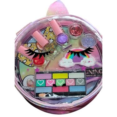Imagem de Kit de Maquiagem Infantil com Bolsa Transversal, Estojo Cosmético Glitter Arco-Íris com Paleta de Sombras, Glitter e Acessórios, Brinquedo para Meninas