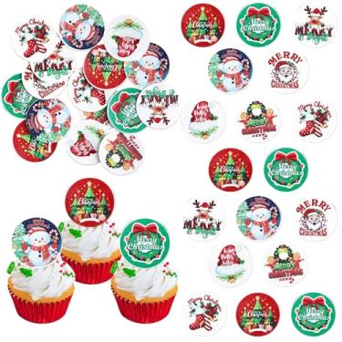 Imagem de 64 Pack Edible Merry Christmas Cupcake Toppers Have a Holly Jolly Christmas Cupcake Picks Wafer Paper Santa Claus Socks Cake Decorations for Xmas Theme Birthday Party Supplies