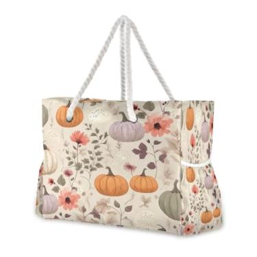 Imagem de Wassud Bolsa de praia feminina com estampa de abóboras de outono grande, impermeável, à prova de areia, bolsa de viagem com zíper e bolso para piscina, academia, acampamento