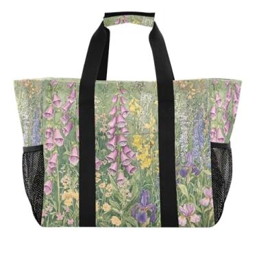 Imagem de Wassud Sacolas de compras reutilizáveis Wildflower Meadow grande bolsa organizadora de lona impermeável para praia, piquenique, lavanderia, viagem