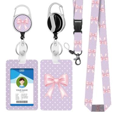 Imagem de IBOVODI Cordões de laço rosa para crachás de identificação, cordão de professor fofo com clipe de suporte de identidade, carretel de crachá retrátil para mulheres, professores, enfermeiras, escritório