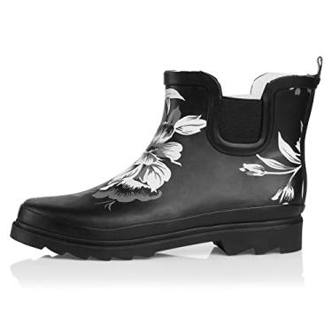 Imagem de NORTY - Botas de chuva femininas de cano curto – Bota feminina impermeável para inverno primavera jardim tem ½ tamanho grande, Preto floral fosco, 35