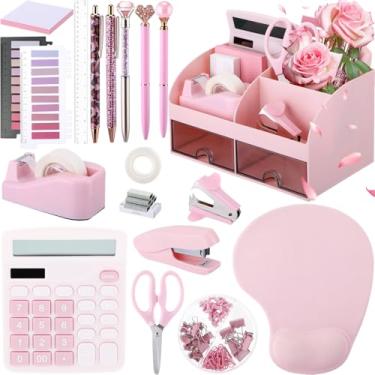 Imagem de Feifeiya Material de escritório rosa 14 em 1, acessórios de mesa para mulheres, organizador de mesa, removedor de grampeador, tesoura, clipes, mouse pad, notas adesivas, índice, dispensador de fita