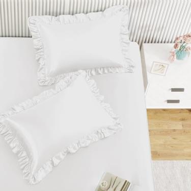 Imagem de Homiest Jogo de lençol com elástico de 3 peças, lençol de cetim branco completo com 2 fronhas com babados, bolso profundo de 38 cm, jogo de cama fofo e coquete de seda para decoração de quarto