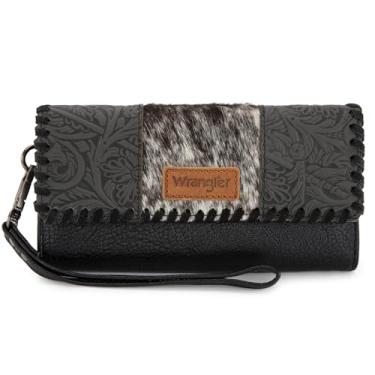 Imagem de Montana West X Wrangler Western, carteiras femininas com três dobras, carteira clutch feminina de grande capacidade com porta-moedas, Crina de cavalo - preta