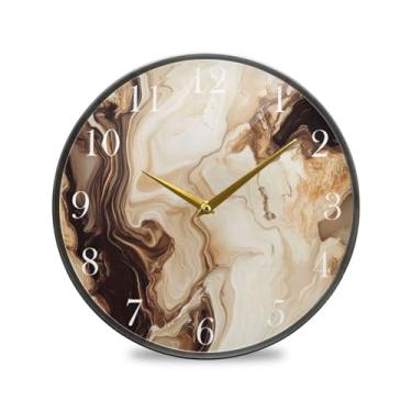 Imagem de ALAZA Relógio de parede geométrico de mármore bege e marrom, sem tique-taque, silencioso, operado por bateria, relógio decorativo redondo para casa, sala de estar, cozinha, escritório, dormitório