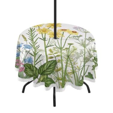 Imagem de Qilmy Toalha de mesa redonda impermeável Herbs and Flowers de 152 cm com orifício para guarda-chuva e zíper – uso externo / interno resistente para pátio, churrascos, piqueniques, festas (serve para