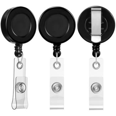 Imagem de Zonon 3 peças de clipes retráteis de carretel de crachá de identificação com clipe de cinto de metal para pendurar cartões chaveiros, porta-crachás para enfermeiras, professores, estudantes (preto)
