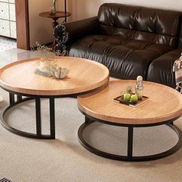 Imagem de Round Wooden Nesting Coffee Table, Metal Frame, Sturdy Double-column Support, Irregular Curved Surface, Suitable for Living Rooms and Bedrooms(Yellow,80 * 45+60 * 40cm/31 * 18+24 * 16in)