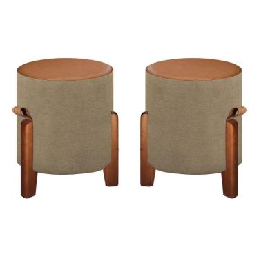 Imagem de 2 Puff Estofado Luna Tecido Linho E Couro Pés De Madeira Linho Bege