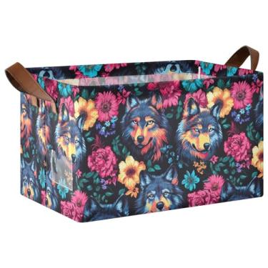 Imagem de Cestas decorativas dobráveis para decoração de casa com alças, 43 cm x 29 cm x 25 cm, caixas organizadoras de roupas florais, lobo selvagem, 1 pacote