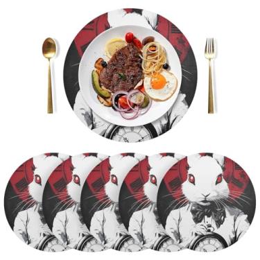 Imagem de Relógio de coelho branco, tapetes de mesa de 38 cm, jogo americano de mesa de jantar de PVC, conjunto de 6 tapetes de mesa de jantar resistentes ao calor