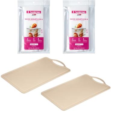Imagem de Conjunto de 2 Tábua Bege Plástica de Corte para Alimentos + 2 Saco Hermetico Transparente 3 Litros