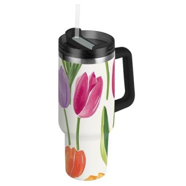 Imagem de Joisal Copo de 1,134 g com alça copos de aço inoxidável com tampa e canudo garrafas de água para adultos copo de café isolado carro copo de café aquarela laranja roxo tulipas