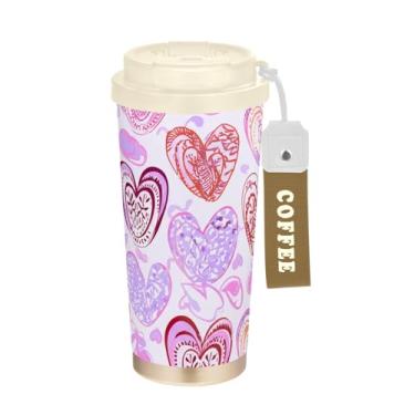 Imagem de TSENQUE Caneca de café de viagem 16+ Oz, caneca de café com revestimento cerâmico copo com tampa e canudo, copo isolado a vácuo de aço inoxidável, coração colorido rosa roxo
