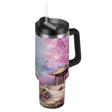Imagem de Copos de paisagem rosa de flor de cerejeira com tampa e canudos, copo térmico de 850 g com alça, garrafas de água isoladas de aço inoxidável para copo de carro