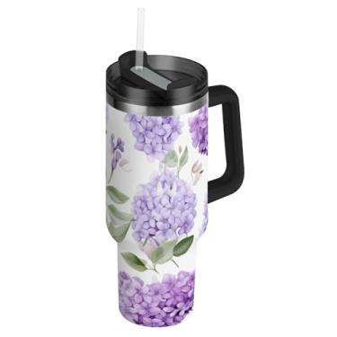 Imagem de Copos de aço inoxidável com tampa e canudo flores lilás roxas caneca de café quente para carros copo térmico de 850 g com alça garrafas de água isoladas