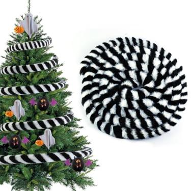 Imagem de Ornamento de árvore de 3 m, decoração de pesadelo de Halloween, preto e branco, listrado, rolo de pele sintética para pendurar minhocas, fita de pele artificial macia para enrolar árvore de Natal
