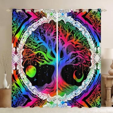 Imagem de Cortinas blecaute de árvore colorida (30%-50%) cortina de sol e lua estilo boêmio escurecimento para decoração de quarto boho tratamentos de janela design hippie psicodélico (2 painéis? 132 x 163
