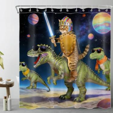 Imagem de NEONWE Cortina de chuveiro engraçada de gato, fantasia de dinossauro, planeta, animal, fantasia, galáxia, poliéster, cortinas para banheiro, anime, meninos, crianças, tecido impermeável, decoração de