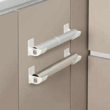 Imagem de 4 peças de adesivo sem perfuração embaixo do armário dispensador de saco que economiza espaço, suporte de parede descascar e colar para sacos de lixo de cozinha, forros de banheiro, branco