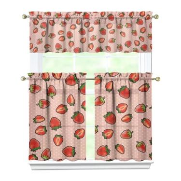 Imagem de Tapesb Conjunto de 3 peças de cortina de cozinha de morango engraçado cortinas de janela pequenas sobre a pia essenciais para decoração de cozinha, quarto, lavanderia, 69,8 x 91,4 cm