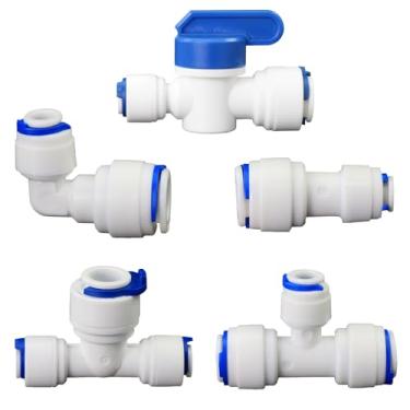 Imagem de Purificador de água Push-to-Connect Straight , Elbow, Tee & Ball Valve Set, 1/10.2 cm a 3/20.3 cm PE Tube Push-to-Connect Fittings, compatível com filtragem de água RO, pré-purificador, adaptadores de
