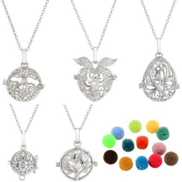 Imagem de SUNNYCLUE 1 caixa, 5 peças, colares de aromaterapia, óleo essencial com 20 peças, bolas de pompom, árvore da vida, coração, asas de anjo, pingentes de gaiola, pingentes difusores, joias para mulheres