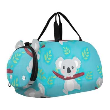 Imagem de Bolsa esportiva esportiva para meninos durante a noite para o fim de semana e meninas, bolsa esportiva com flores brancas, Lindas folhas azuis de coalas de desenho animado, Clássico