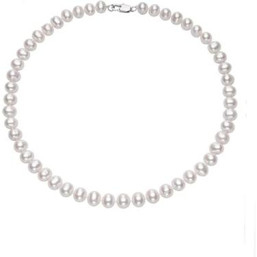 Imagem de Colar clássico de pérolas reais para mulheres | Colar de pérolas naturais de água doce de 7 a 8 mm para mulheres e meninas, comprimento do fio de pérola 45,7 cm, rosa, branco, preto, colar de pérolas