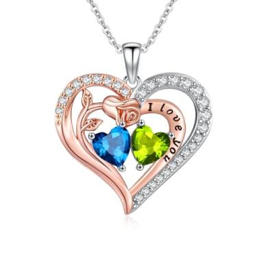 Imagem de WYDDO Colar de coração rosa para mulheres, pingente de pedra de nascimento duplo, presente de aniversário e Natal para sua esposa, mãe, filha, Base, Zircônia cúbica