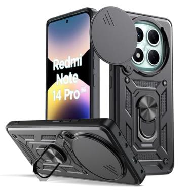 Imagem de Capa para celular Xiaomi Redmi Note 14 Pro 5G, com capa deslizante para câmera, suporte giratório de 360° e capa protetora de silicone TPU - preta